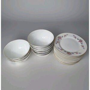 Vintage Tatung Rice Bowls And Plates Taiwan Gold Rim Set of 19 Floral